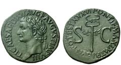 The Roman Empire Tiberius augustus, 14 – 37 As, 34-35 AD, Æ 10.92 g. TI CAESAR DIVI AVG F AVGVST IMP VIII Laureate head l. Rev. PONTIF MAXIM TRIBVN POTEST XXXVI Winged caduceus between S – C. C 12. BM