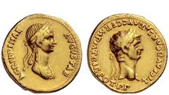 The Roman Empire Claudius, 41 – 54 Aureus circa 50-54, AV 7.61 g. TI CLAVD CAESAR AVG GERM PM TRIB·POT P P Laureate head r. Rev. AGRIPPINAE – AVGVSTAE Draped bust of Agrippina r., wearing crown of cor