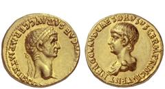 The Roman Empire Claudius, 41 – 54 Aureus circa 50-54, AV 7.62 g. [TI CLA]VD CAESAR AVG GERM P M TRIB POT P P Laureate head of Claudius r. Rev. NERO CLAVD CAES DRVSVS GERM PRINC IVVENT Bareheaded and 