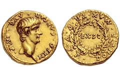 The Roman Empire Nero augustus, 54 – 68 Aureus December 57-58, AV 7.61 g. NERO CAESAR AVG IMP Youthful bare head r. Rev. PONTIF MAX TR P IIII P P around oak wreath enclosing EX S C. C 208. BMC 15. RIC