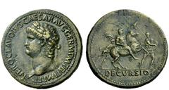 The Roman Empire Nero augustus, 54 – 68 Sestertius circa 63, Æ 27.30 g. NERO CLAVDIVS CAESAR AVG GERM P M TR P IMP P P Laureate head l. Rev. DECVRSIO Nero prancing r.; before, foot soldier advancing r