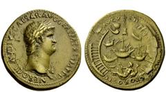 The Roman Empire Nero augustus, 54 – 68 Sestertius circa 64, Æ 24.76 g. NERO CLAVDIVS CAESAR AVG GERM P M TR P IMP P P Laureate bust r. with aegis. Rev. AVGV – STI / S POR OST C View of port of Ostia,