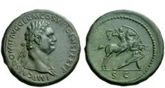 The Roman Empire Domitian augustus, 81 – 96 Sestertius 87, Æ 26.38 g. IMP CAES DOMIT AVG GERM COS XIII CENS PER PP Laureate bust r., with aegis. Rev. Domitian riding r., striking with spear at falling