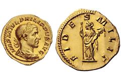 The Roman Empire Philip I, 244 – 249 Aureus 244-249, AV 4.53 g. IMP M IVL PHILIPPVS AVG Laureate, draped and cuirassed bust r. Rev. FIDES MILIT Fides standing facing, head l., holding sceptre and vexi