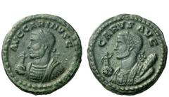 The Roman Empire Carus, 282 – 283 Quinarius, Ticinum 283, billon 1.80 g. CARVS AVG Laureate and cuirassed bust of Carus l., wearing consular robes and holding Victory on globe and club. Rev. AV C CARI