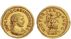 The Roman Empire Carinus caesar, 282 – 283 Aureus, Antioch circa 283, AV 4.21 g. IMP C M AVR CARINVS NOB C Laureate, draped and cuirassed bust r. Rev. VICTOR – IAE – AVGG Victory advancing r., holding