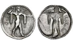 Greek Coins Poseidonia Nomos circa 520-500, AR 7.46 g. ΠΟΣ Poseidon bearded, diademed and naked but for chlamys over shoulders, advancing r., hurling trident in upraised r. hand. Rev. The same type in