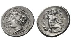 Greek Coins Naxos Hemidrachm circa 420, AR 2.05 g. ASSINO - S Ivy-wreathed head of river god Assinos l. Rev. NAΞI – ON Silenus squatting facing, head l., holding cantharus in r. hand and branch in l. 