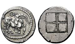Greek Coins Thraco-Macedonian tribes, Krestonians or Mygdonians Stater circa 485-480, AR 8.44 g. Goat kneeling r., head reverted; above, dotted T. Rev. Quadripartite incuse square. Svoronos, Hellénism