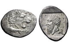 Greek Coins Dinasts of Lycia, Mithrapata 380-370 Stater circa 380-370, AR 9.78 g. Forepart of lion r., with open jaws and tongue protruding. Rev. [M]E)(PA – P – PATP Head of dynast l.; behind, triskel