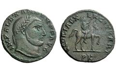 The Roman Empire Alexander of Carthage, 308 – 310 Nummus, Carthago circa 308-311, billon 5.56 g. IMP ALEXANDER P F AVG Laureate bust r. Rev. GLORIA EX – ERCIT KART Alexander horseback, advancing r. an