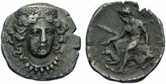 Greek Coins Pandosia No.: 58 Estimate: CHF 10000 d=17 mm Drachm circa 340-330, AR 2.05 g. Head of Hera facing slightly to r., wearing stephane and necklace. Rev. [PAN]DOSIN Naked Pan seated l. on rock
