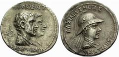 Greek Coins Kingdom of Bactria. Eucratides I the Great, circa 170-155 No.: 203 Estimate: CHF 2500 d=33 mm Tetradrachm, Bactra circa 170-155, AR 16.73 g. HLIOLEOUS / KAI LAODIKE Jugate busts of Heliokl