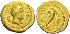 The Roman Republic M. Antonius with M. Mussidius Longus. No.: 276 Estimate: CHF 28000 d=21 mm Aureus circa 42, AV 8.11 g. M·ANTONIVS·III·R·P·C Bare of M. Antonius r. Rev. L·MVSSIDIVS – LONGVS Cornucop