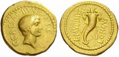The Roman Republic Octavian with M. Mussidius Longus. No.: 277 Estimate: CHF 15000 d=21 mm Aureus circa 42, AV 8.03 g. C·CAESAR·III·VIR·R·P·C Bare head of Octavian r. Rev. L·MVSSIDIVS – LONGVS Cornuco