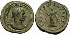 The Roman Empire Macrinus, 217-218 No.: 455 Estimate: CHF 9000 d=37 mm Sestertius circa 217, æ 26.42 g. IMP CAES M OPEL SEV MACRINVS AVG Laureate and cuirassed bust r. Rev. PONTIF MAX TR P P P S – C F