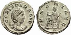 The Roman Empire Cornelia Supera, wife of Aemilian No.: 471 Estimate: CHF 8500 d=22 mm Antoninianus, uncertain mint circa 253, AR 3.92 g. COR SVPERA AVG Bust diademed and draped r. on crescent. Rev. I