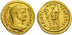 The Roman Empire Constantius Chlorus Caesar, 293-305 No.: 506 Estimate: CHF 10000 d=19 mm Aureus circa 294, AV 5.07 g. DN CONSTA – NTIO CAES Laureate bust r. Rev. PRICI – PI IV – VENTVTIS Prince stand