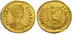 The Roman Empire Aelia Flaccilla, wife of Theodosius I No.: 524 Estimate: CHF 28000 d=22 mm Solidus, Constantinople circa 383-386, AV 4.39 g. AEL FLAC – CILLA AVG Draped bust r., wearing elaborate hea