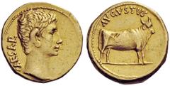 The George W. La Borde Collection of Roman Aurei Part I THE ROMAN EMPIRE Octavian as Augustus, 27 BC – 14 AD Aureus, Samos (?) circa 21-20 BC, AV 7.88 g. CAESAR Bare head r. Rev. AVGVSTVS Young bull s