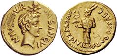The George W. La Borde Collection of Roman Aurei Part I THE ROMAN EMPIRE Octavian as Augustus, 27 BC – 14 AD M. Sanquinius III vir. Aureus 17 BC, AV 8.13 g. AVGVST DIVI – F LVDOS SAEC Herald in feathe