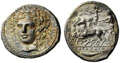 GREEK COINS Catana Tetradrachm signed by Herakleidas circa 405-402, AR 16.74 g. Laureate head of Apollo, facing three-quarters l., his hair falling in loose curls around the face; in field to r., ΗΡΑΚ
