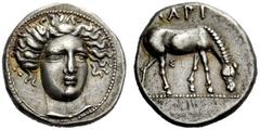 GREEK COINS Thessaly, Larissa Drachm circa 400-380, AR 6.13 g. Head of nymph Larissa facing three-quarter r., wearing ampyx , earring and necklace. Rev. LARI Horse grazing r.; between its legs, SI. Lo