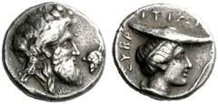 GREEK COINS Sybrita Stater 4th century BC, AR 12.09 g. Bearded head of Dionysus r., wearing wreath of vine leaves; in r. field, bunch of grapes. Rev. SUBR - ITIWN Head of Hermes r., wearing petasus an