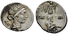 THE ROMAN REPUBLIC Julius Caesar. Denarius, mint moving with Caesar 48-47, AR 4.05 g. Female head r., wearing diadem and oak wreath; behind, ^II. Rev. CAE – SAR Trophy with Gallic shield and carnyx ; 