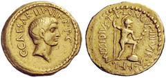 THE ROMAN REPUBLIC Octavianus with L. Mussidius T.F. Longus. Aureus circa 42 BC, AV 8.07 g. C·CAESAR·III·VIR·R·P·C Bare head of Octavian r. Rev. L·MVSSIDIVS·T·F·LONGVS·IIII·VIR·A·P·F· Mars, wearing Co