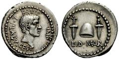 THE ROMAN REPUBLIC M. Iunius Brutus with L. Plaetorius Caestianus. Denarius, Northern Greece circa 43-42, AR 3.89 g. BRVT IMP – L·PLAET·CEST Bare head of Brutus r. Rev. EID·MAR Pileus between two dagg