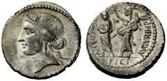 THE ROMAN REPUBLIC Q. Cornufici. Denarius, Africa 42, AR 3.83 g. Head of Tanit l. Rev. Q·CORNV – FICI – AVGVR·IMP Q. Cornuficius standing l., wearing veil and holding lituus , crowned by Juno Sospita 