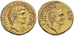 THE ROMAN REPUBLIC Marcus Antonius, Lucius Antonius and M. Cocceius Nerva. Aureus, mint moving with Mark Anthony circa 41, AV 8.10 g. M·ANT·IMP AVG VIR·R·P·C·M NERVA PROQ·P Bare head of M. Anthony r. 
