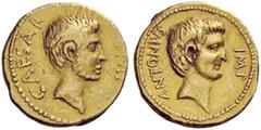 THE ROMAN REPUBLIC Octavianus and Marcus Antonius. Aureus, mint moving with Octavian in South or Central Italy circa 40-39, AV 8.21 g. CAESAR – IMP Bare head of Octavian r. Rev. ANTONIVS IMP Bare head