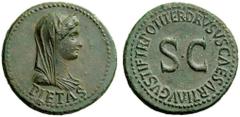 THE ROMAN EMPIRE In the name of Livia, wife of Augustus Dupondius 22-23, Æ 14.77 g. PIETAS Veiled, draped and diademed bust of Livia as Pietas r. Rev. DRVSVS CAESAR TI AVGVSTI F TR POT ITER around S C