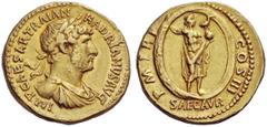 THE ROMAN EMPIRE Hadrian, 117-138 Aureus 121, AV 7.34 g. IMP CAESAR TRAIAN – HADRIANVS AVG Laureate and draped bust r. Rev. P M T R P – COS III Aion, as the spirit of the Golden Age, standing r. insid