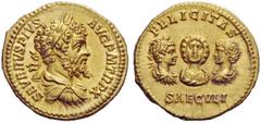 THE ROMAN EMPIRE Septimius Severus, 193 – 211 Aureus circa 202, AV 7.26 g. SEVERVS PIVS – AVG P M TR P X Laureate, draped and cuirassed bust r. Rev. FELICITAS / SAECVLI Draped bust of Julia Domna faci