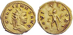 THE ROMAN EMPIRE Gallienus, 253 – 268 Aureus 260-261, AV 5.03 g. GALLIENVS AVG Radiate head r. Rev. IOVI – VLTORI Jupiter advancing l., head r., holding thunderbolt; in l. field, S. C 401. RIC 52. Cal