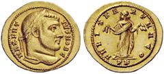 THE ROMAN EMPIRE Maxentius caesar, 306-307 Aureus, Carthage 306-307, AV 5.13 g. MAXENT – IVS NOB C Laureate head r. Rev. FELIX KA – RTHAGO Carthago standing facing, head l., holding fruits in both han