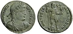 LATE ROMAN COINAGE Jovianus, 363 – 364 Æ 1, Thessalonica 363-364, Æ 8.29 g. D N IOVIANV – S PERP AVG Laurel and rosette diademed, draped and cuirassed bust r. Rev. VICTORIA – ROMANORVM Emperor standin