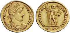 LATE ROMAN COINAGE Valentinian I, 364 – 375 Solidus, 364-367, AV 4.45 g. D N VALENTINI – ANVS P F AVG Pearl-diademed, draped and cuirassed bust r. Rev. RESTITVTOR – REIPVBLICAE Emperor standing facing