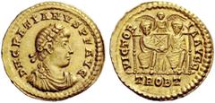 LATE ROMAN COINAGE Gratian, 367 – 383 Solidus, Treveri 367-375, AV 4.47 g. D N GRATIA – NVS P F AVG Rosette-diademed, draped and cuirassed bust r. Rev. VICTOR – IA AVGG Two emperors seated facing hold