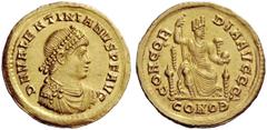 LATE ROMAN COINAGE Valentinian II, 375 – 392 Solidus, Constantinopolis 380, AV 4.44 g. D N VALENTINIANVS P F AVG Pearl-diademed, draped and cuirassed bust r. Rev. CONCOR – DIA AVGGG Constantinopolis, 