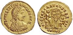 LATE ROMAN COINAGE Valentinian III, 425 – 455 Semissis 435-436, AV 2.19 g. D N PLA VALENTINIANVS P F AVG Rosette-diademed, draped and cuirassed bust r. Rev. VICTORIA AVGVSTORVM Victory seated r. on cu