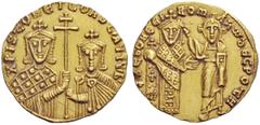 THE BYZANTINE EMPIRE Constantine VII Porphyrogenitus, 6 June 913 – 9 November 959, with colleagues from 914 Solidus circa 924, AV 4.41 g. + KEbOHQEI – ROM – Ahw dECPOTH Romanus I standing facing, wear