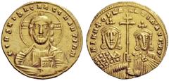 THE BYZANTINE EMPIRE Nicephorus II Phocas, 15 August 963 – 10 December 969, with Basil II and Constantine VIII Histamenon 963-969, AV 4.40 g. + IhS XPS ReX ReGNANTIYM Bust of Christ facing, with decor
