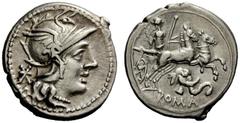 ROMAN REPUBLICAN COINAGE Anonymous series with elephant’s head. Denarius 128, AR 3.88 g. Helmeted head of Roma r.; behind, *. Rev. Goddess in biga r., holding branch, sceptre and reins; below, elephan