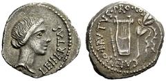 ROMAN REPUBLICAN COINAGE Q. Iunius Brutus Caepius . Denarius, mint moving with Brutus 43-42, AR 3.86 g. Draped bust of Libertas r.; before, LEIBERTAS. Rev. Plectrum, lyre and laurel branch tied with f