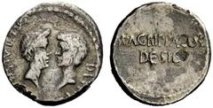 ROMAN REPUBLICAN COINAGE C. Caesar Octavianus with M. Vispanius Agrippa . Denarius, mint moving with Octavian 38, AR 3.96 g. DIVOS IVLIVS – DIVI·F Confronted heads of Iulius Caesar, wreathed r., and O