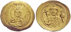 THE BYZANTINE EMPIRE Constantine IX Monomachus, 1042-1055 Histamenon nomisma 1042-1055, AV 4.40 g. Facing bust of Christ nimbate. Rev. Bust facing, wearing crown and loros, holding long cross with pel
